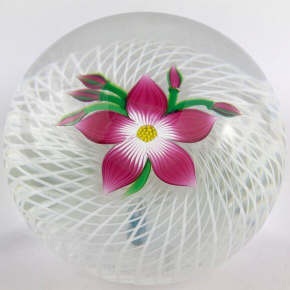 Perthshire 1984D Floral Spray Pink Lampwork Flower Spiral Latticinio Paperweight - Picture 2 of 12